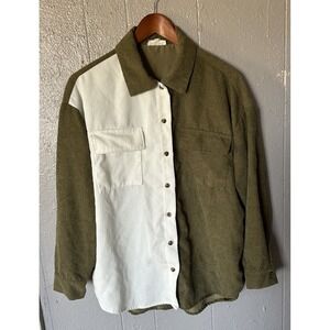 Adora Green White Colorblock Corduroy Long Sleeve Button Down Shirt Size S